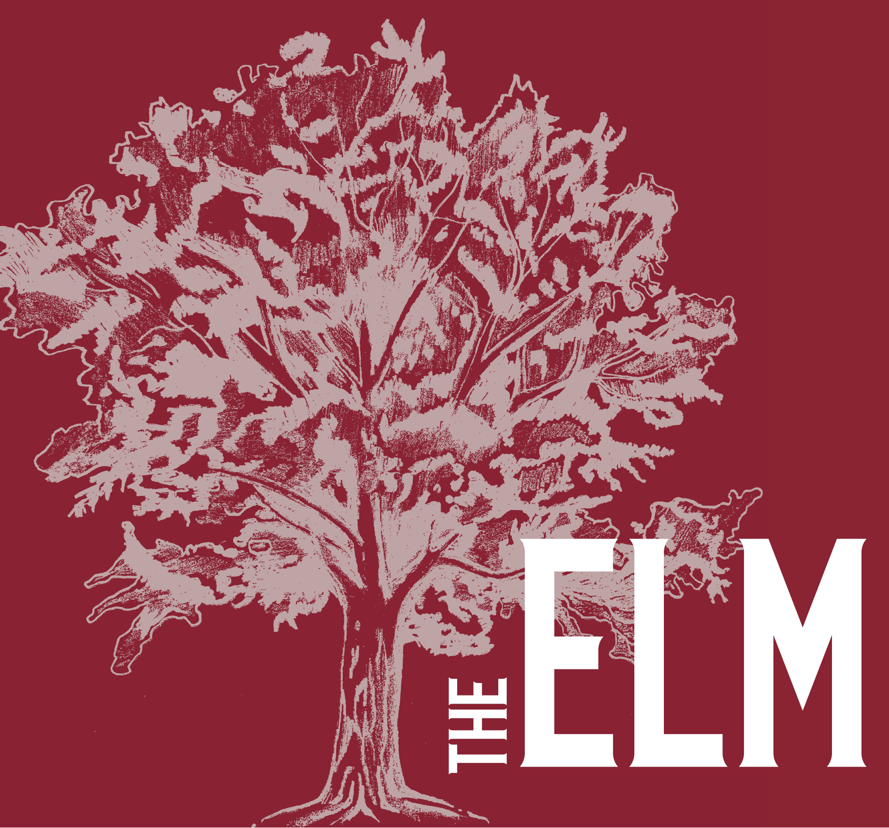 the em em logo with a tree on a red background